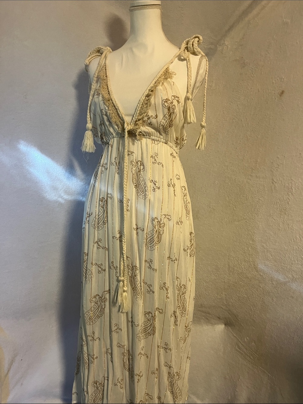 Sacred Threads Cream Paisley Maxi Dress with Tassel Straps